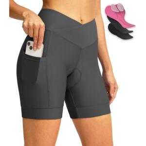 Women’s Bike Shorts 4D Padded Cycling Shorts Crossover Waist Biking Shorts with Pockets Bicycle Riding(Dark Grey)