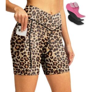 Women’s Bike Shorts 4D Padded Cycling Shorts Crossover Waist Biking Shorts with Pockets Bicycle Riding(Leopard)