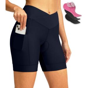 Women’s Bike Shorts 4D Padded Cycling Shorts Crossover Waist Biking Shorts with Pockets Bicycle Riding(Navy)
