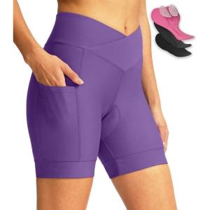 Women’s Bike Shorts 4D Padded Cycling Shorts Crossover Waist Biking Shorts with Pockets Bicycle Riding(Purple)