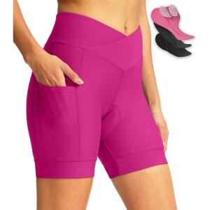 Women’s Bike Shorts 4D Padded Cycling Shorts Crossover Waist Biking Shorts with Pockets Bicycle Riding(Rosy)