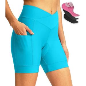 Women’s Bike Shorts 4D Padded Cycling Shorts Crossover Waist Biking Shorts with Pockets Bicycle Riding(Sky Blue)