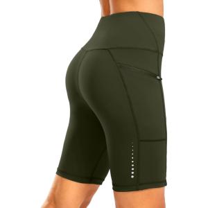 Women’s High Waisted Biker Shorts 8″ Running Workout Tummy Control Bike Spandex Shorts for Women Zipper Pockets(Army Green)