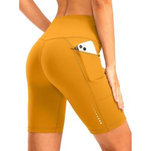Women’s High Waisted Biker Shorts 8″ Running Workout Tummy Control Bike Spandex Shorts for Women Zipper Pockets(Yellow)
